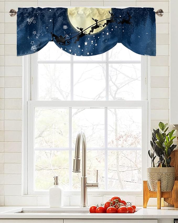Christmas Blackout Tie Up Valance Curtains for Kitchen Windows Santa Claus Reindeer Window Toppers Balloon Shades for Living Room/Bathroom/Bedroom,1 Panel,42" X 18" Blue Snowy Night