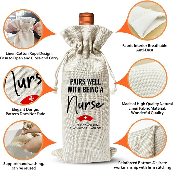 Nursing School Graduation Gift Wine Bag, Med School Graduation Gift For RN PA Practitioner NP, Nurse Appreciation Gift, Nurse Day Nurse Week Gift, Cotton Linen Wine Gift Bag With Drawstring