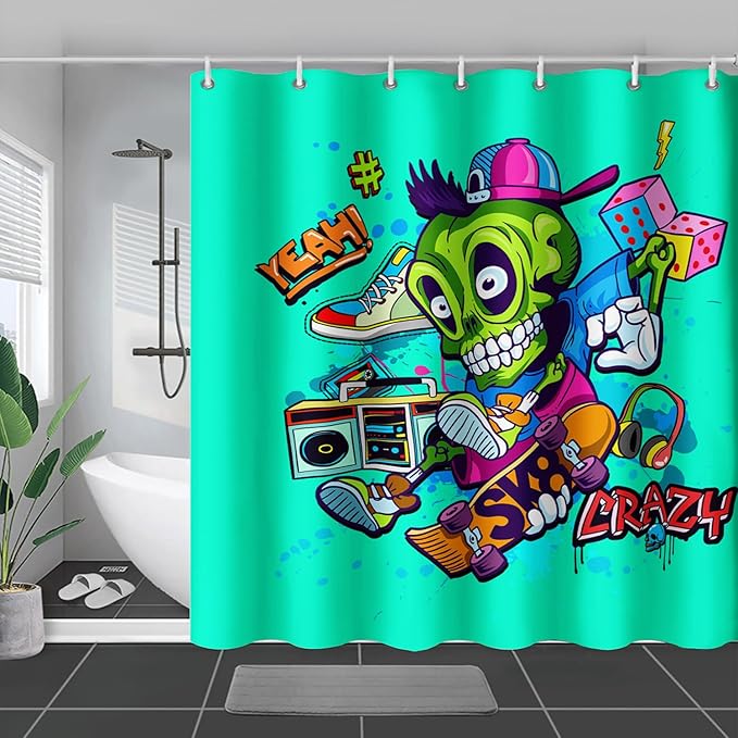 AILONEN Skate Skull Shower Curtain for Bathroom,Green Hip Hop Sport Skull Art Bathroom Curtain for Kids Girls Teen,Bath Curtain 60" W*72" H Polyester Waterproof Bathroom Curtain with 12 Hooks