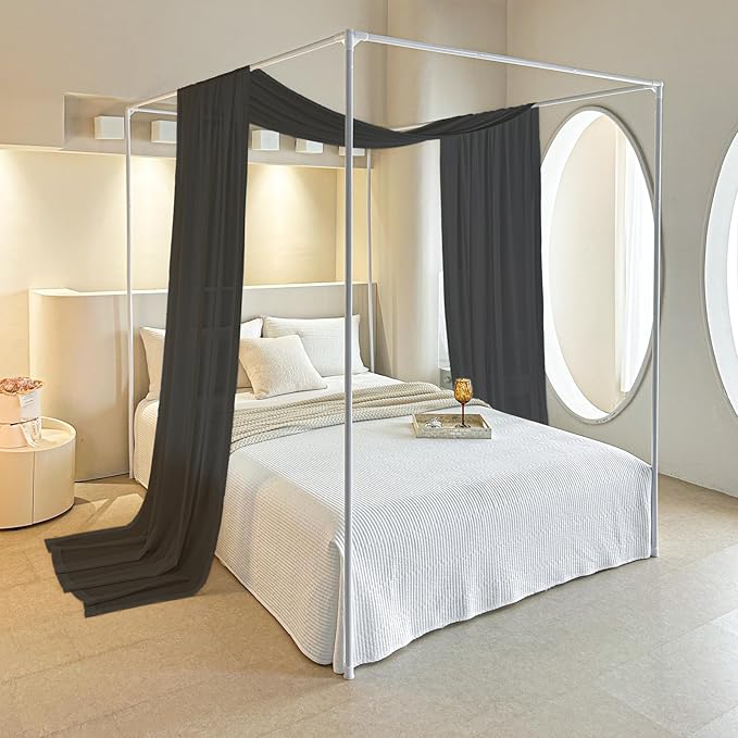AIKASY Black Bed Canopy Scarf for Twin - Luxury Sheer Canopy Bed Curtains with Light - Suitable for Four-Poster Bed, Metal Bed Frame, Wood Bed Frame -1pic