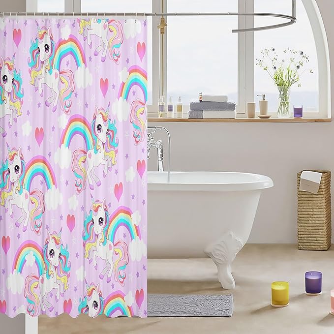 Feelyou Unicorn Shower Curtain Kids Toddler Boys Girls Cute Unicorn Bath Curtain Cartoon Unicorn Bathroom Shower Curtain Set Girl Unicorn Kids Bathroom Accessories 72"x72"