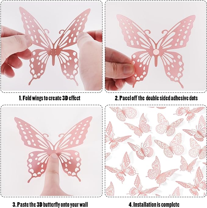 SAOROPEB 3D Butterfly Wall Decor 48 Pcs 4 Styles 3 Sizes, Pink Butterfly Birthday Decorations Pink Room Decor Butterfly Party Decorations Cake Decorations, Removable Wall Stickers (Pink)