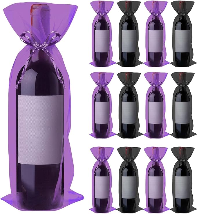 Megitzuu 20 Pieces Organza Wine Bags, 14.6 x 5.5 Inch Wine Gift Bag with Drawstring Sheer Mesh Wine Gift Pouches Bottle Covers for Halloween Christmas Wedding Party Favors (Black+Purple)