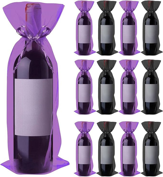 Megitzuu 20 Pieces Organza Wine Bags, 14.6 x 5.5 Inch Wine Gift Bag with Drawstring Sheer Mesh Wine Gift Pouches Bottle Covers for Halloween Christmas Wedding Party Favors (Black+Purple)