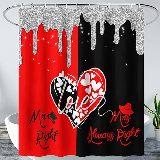 AILONEN Mr Mrs Black and Red Shower Curtain,Love Hearts Pattern Mr Right Mrs Always Right Theme Bath Curtain,Modern Print Decoration Waterproof Shower Curtain with 12 Plastic Hooks, 72" W*78" H