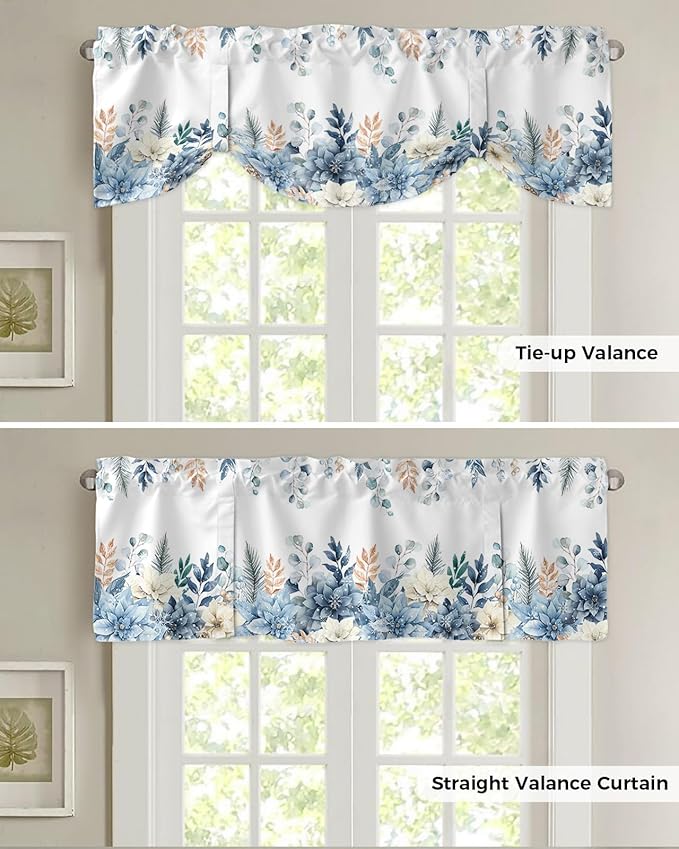 Blue Christmas Poinsettia Blackout Tie Up Valance Curtains for Kitchen Windows Winter Eucalyptus Leaves Window Toppers Balloon Shades for Living Room/Bathroom/Bedroom,1 Panel, 42" X 18",
