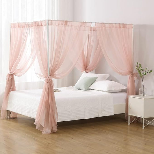 Chiffon Twin Bed Canopy, Canopy Bed Curtains for Girls Adult, 4 Post Bed Scarf Room Decor (Dust Pink)