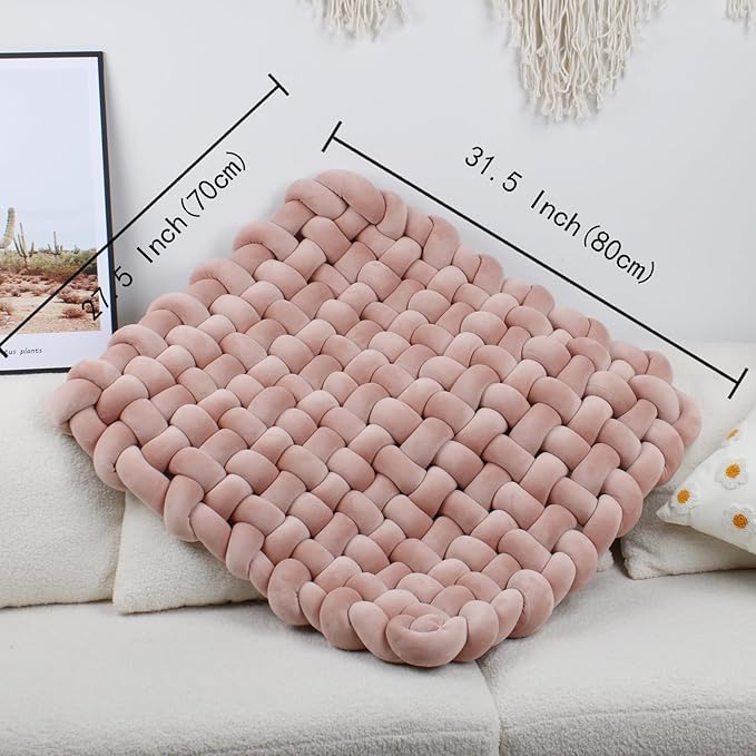 XHJRI Thickened Braided Knot Seat Mat, Knotted Floor Decorative Cushion, Handmade Baby Infant Playing Pad Nursery Rug (27.5 * 31.5 Inch,Dusty Rose)