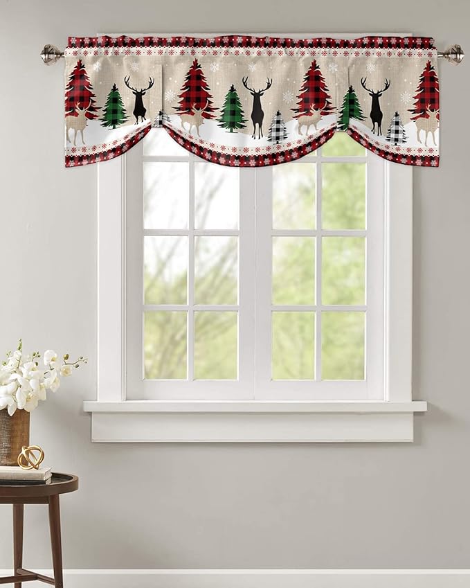 Farmhouse Christmas Blackout Tie Up Valance Curtains for Kitchen Windows Rustic Plaid Christmas Tree Snowflakes Window Toppers Balloon Shades for Living Room/Bathroom/Bedroom,60" X 18" Red Green Black