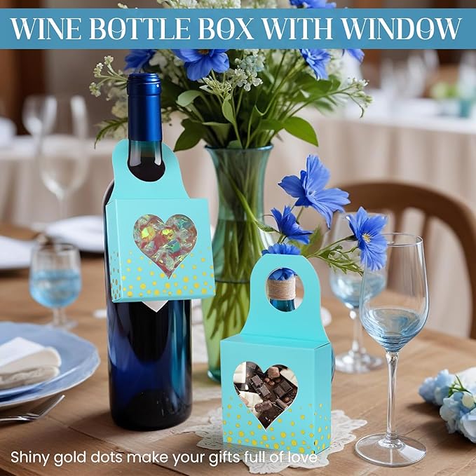 Megitzuu 50 Pieces Wine Bottle Box with Window, Blue Wine Boxes for Gifts Hanging Foldable Wine Gift Boxes Kraft Paper Wine Bottle Hanger Favor Box for Holding Candy Truffles Chocolate Cookies