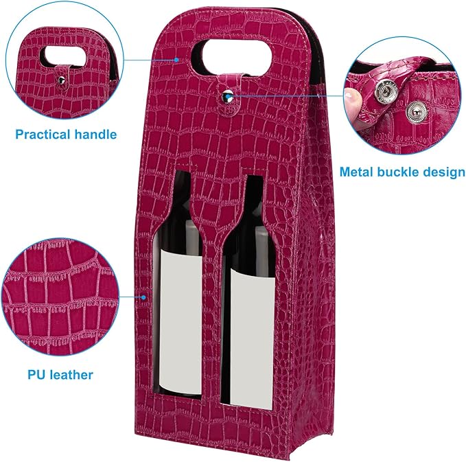 PATIKIL 2 Bottle Wine Gift Bag, 2 Pack Wine Bag Reusable Leather Wine Tote Carrier for Wine Bottles Portable Champagne Gift Bags for Picnic Party Wedding, Red-2