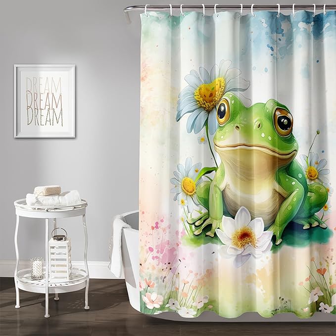 AILONEN Cartoon Frog Shower Curtain Set for Bathroom,Green Frog Bath Curtain,Amphibian Animal Shower Curtain,Tie Dye Flowers Waterproof Fabric Shower Curtain with Hooks,60" W*72" H
