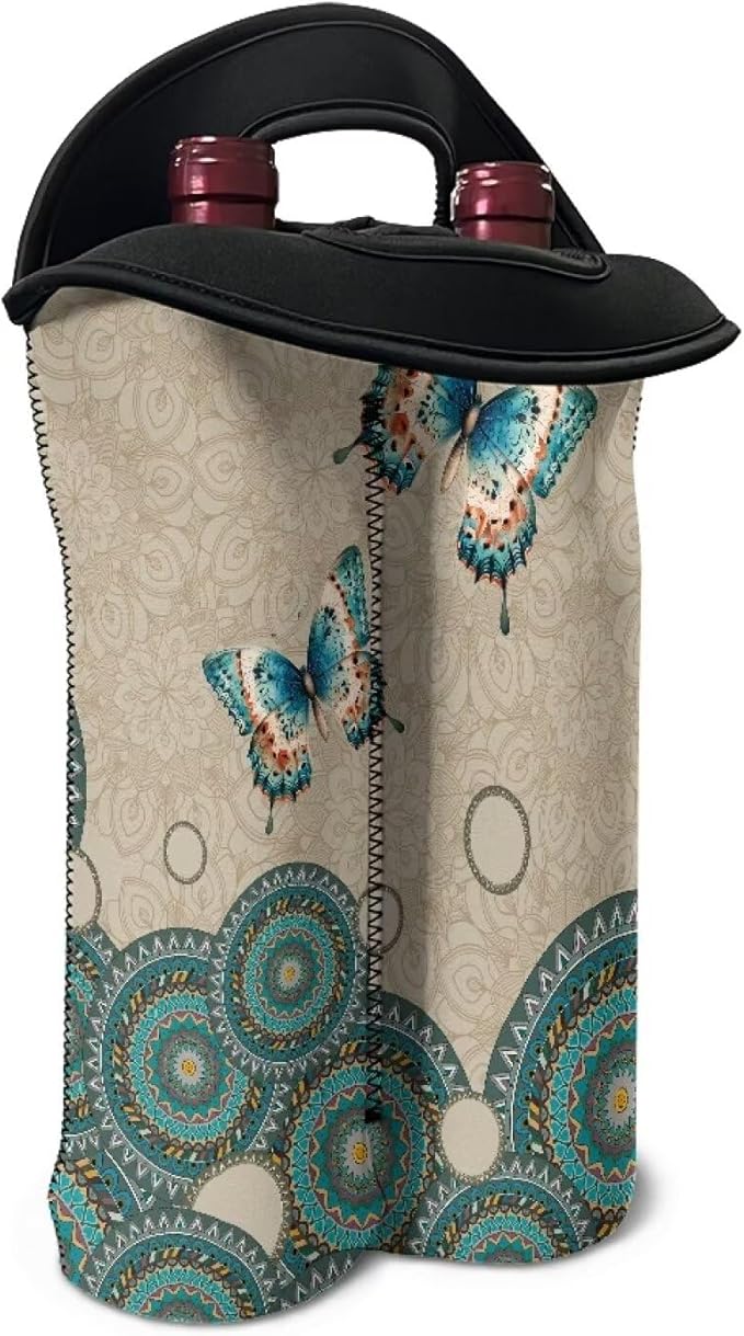 doginthehole 2 Bottle Wine Bag Boho Butterfly Wine Bottle Protector Carrier Tote Bag Portable Neoprene Hand Bag Champagne Bottle Holder for Travel with Handle