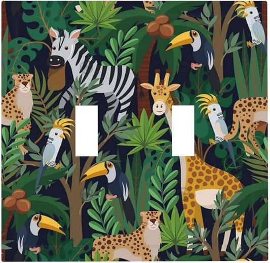 Cartoon Animal Zebra Leopard Giraffe Bird Leaf Double Toggle Nursery Light Switch Covers Decorative 2 Gang Wall Plate Dual Electrical Faceplate Switchplate for Kidroom Living Room Decor
