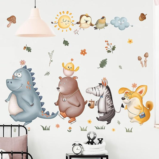 Animals Educational Wall Decals Jungle Animals Dinosaur Bear Zebra Fox Wall Stickers for Daycare Boy Room Girl Room Nursery Baby Room Bedroom Playroom