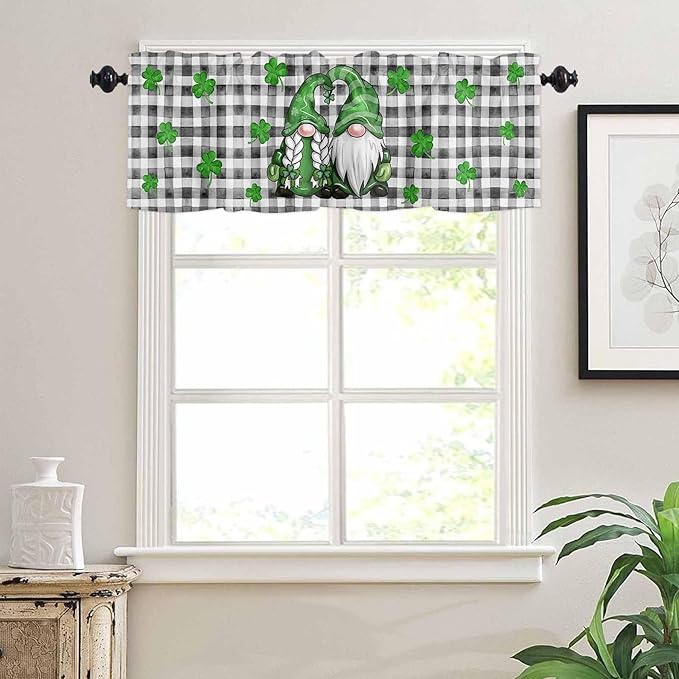 St. Patrick's Day Kitchen Curtains and Valances Set, Buffalo Plaid Shamrock Gnome Window Tiers Spring Holiday Farmhouse Decor Half/Short Curtains for Small Windows Cafe /Living Room/ Bedroom 54x 36