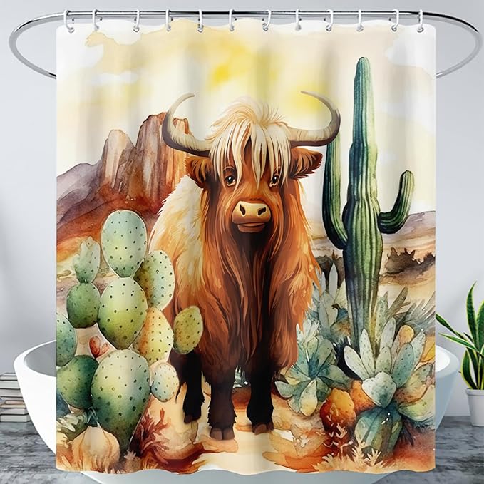 AILONEN Yak Shower Curtain Set, Desert Cactus Yak Polyester Waterproof Shower Curtain,Watercolour Sunset Warm Yellow Cloth Bath Curtain Set with Plastic Hooks,48" Wx72 H