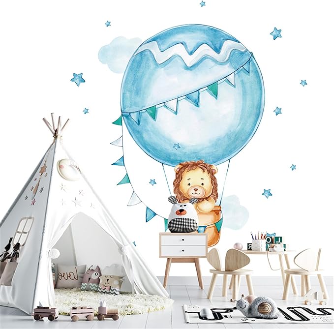 Waterproof Removable Vinyl PVC Hot Air Balloon Lion Safari Animal Star Wall Decal Wall Sticker Decor Nursery Kidsroom School Classroom Livingroom Bedroom Bathroom