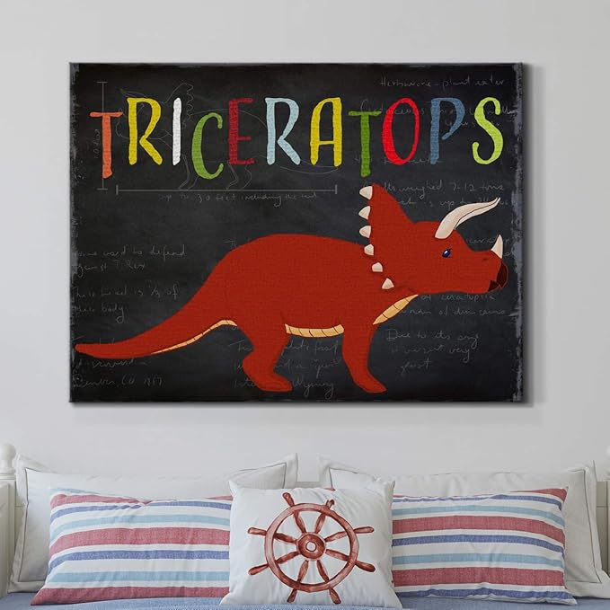 Renditions Gallery Canvas Animal Wall Art Modern Decorations Paintings Colorful Playful Triceratops Vibrant Dinosaur Canvas Wall Hanging Artwork for Kids Bedroom Nursery - 24"x36" LT33
