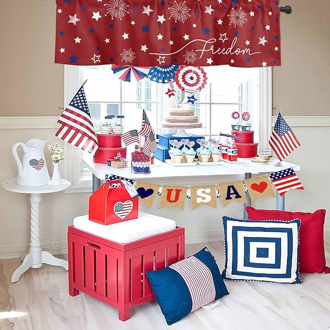 Patriotic 4th of July Kitchen Curtains Valances for Windows Red White Blue Stars Freedom Rod Pocket Window Treatment for Kitchen /Living Room/Bedroom/ Bathroom, 60" X 18", Memorial Day Summer