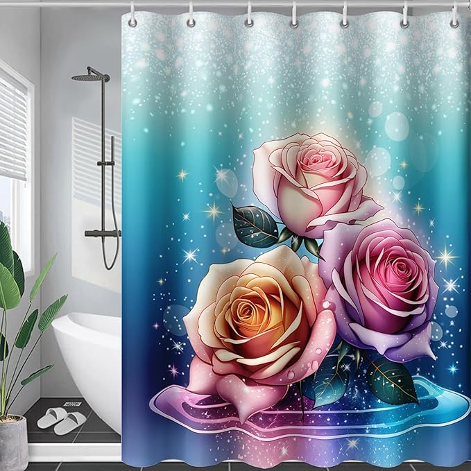 AILONEN Rose Shower Curtain for Bathroom Decor,Galaxy Pink Rose Bath Curtain Gifts for Girls Women,Modern Minimalism Curtain,Polyester Waterproof with 12 Plastic Hooks, 48" W*72" H