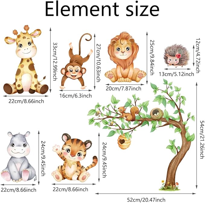 Woodland Animals Wall Decals Tiger Zebra Lion Wall Stickers, Removable Kids Toddler Jungle Safari Wall Murals Peel and Stick Wall Art Decor Wallpaper for Bedroom Nursery Playroom