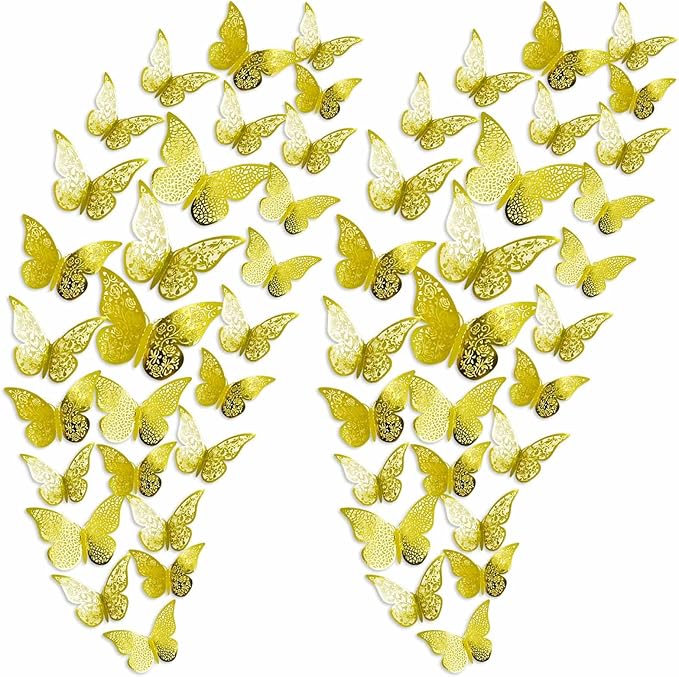 72Pcs 3D Butterfly Wall Decor 3 Sizes 3 Styles, Removable Butterfly Stickers Wall Decals, Butterfly Decorations Party Birthday Cake Decoration for Kids Nursery Wedding Bedroom Room(Gold)