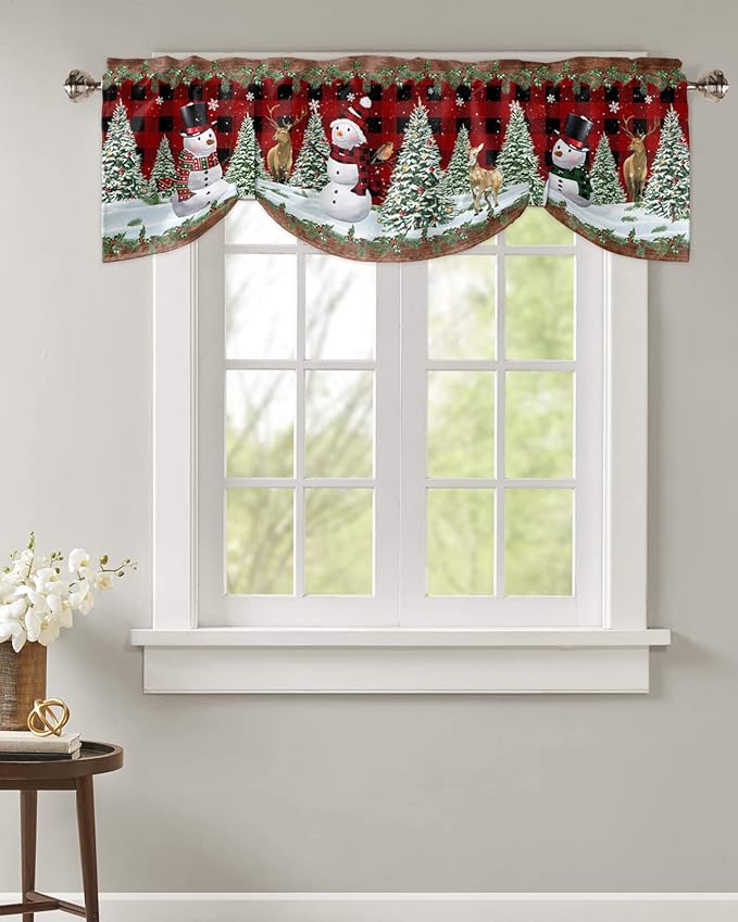 Christmas Snowman Blackout Tie Up Valance Curtains for Kitchen Windows Christmas Tree Window Toppers Balloon Shades for Living Room/Bathroom/Bedroom,1 Panel,42" X 12" Red Xmas Snowy Winter