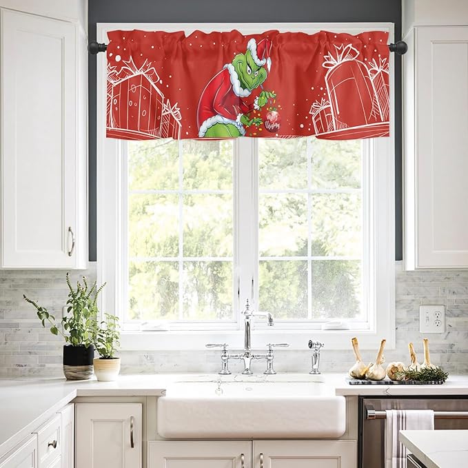 Grin-ch Window Valance for Kitchen Living Room Merry Grinchmas Window Curtain for Bedroom Christmas Window Valance Rod Pocket Window Treatment Christmas Window Decorations, 54" W x 18" L