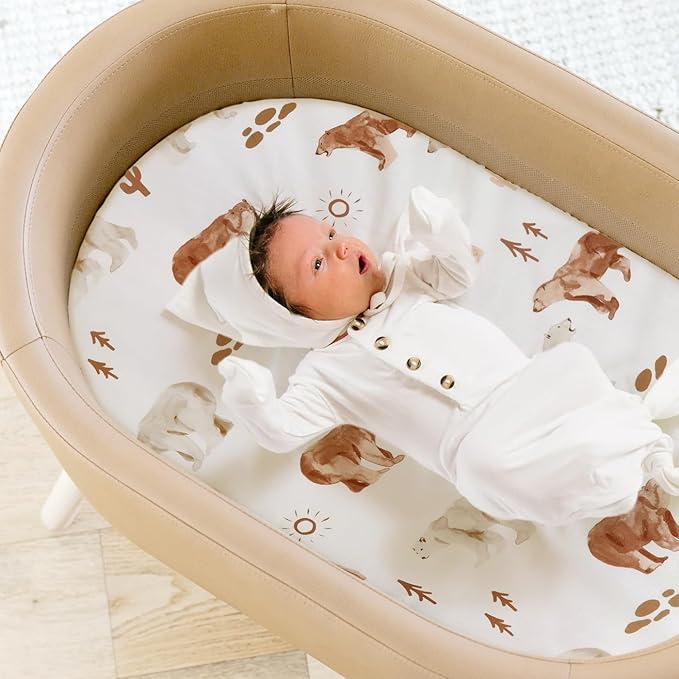 Stretch Ultra Soft Fitted Bassinet Sheet Set 2 Pack, Universal Fit for Bassinets Baby Cradle Moses Basket Oval Rectangle Mattress Safe and Snug, Stylish Bassinet Sheets of Sunny Bear Print