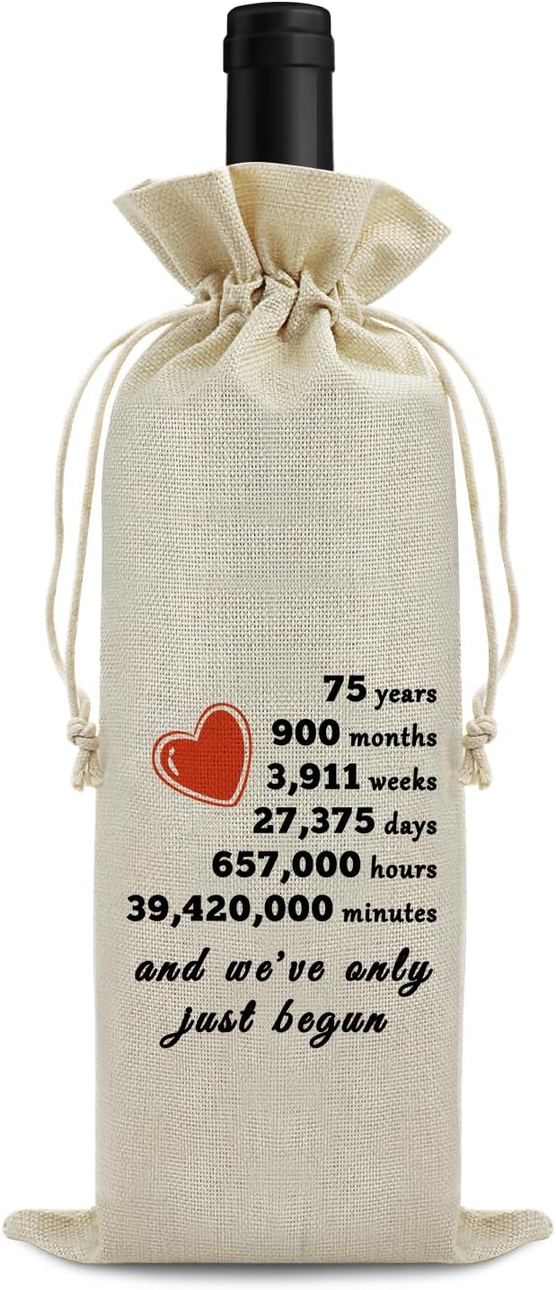 Sfodiary 75th Year Marriage Gift for Couple Wife Husband Wine Bag 75th Anniversary Wedding Gift for Women Men Wine Gift Bag Birthday Christmas Valentine Gift for Him Her Drawstring Wine Wrapping Bag