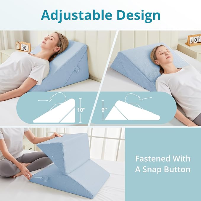 Sasttie Wedge Pillow for Sleep Apnea, 10 Inch Adjustable Bed Wedge Pillow for Back Pain, Acid Reflux Relief, Memory Foam Triangle Pillow Wedge for Sleeping, Post Surgery, Knee Elevation, Light Blue