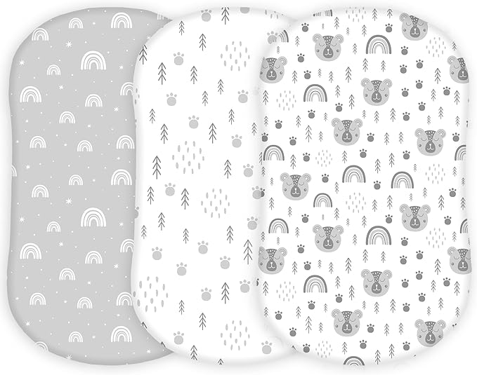 TansyPanda Bassinet Sheets for Halo Bassinest Swivel, Flex, Glide, Premiere and Luxe Series Sleeper, Pack of 3, 33 X 17 Inch, Ultra Soft and Snug Fit, Unisex Boys Girls, Gray White (Woodland Rainbow)