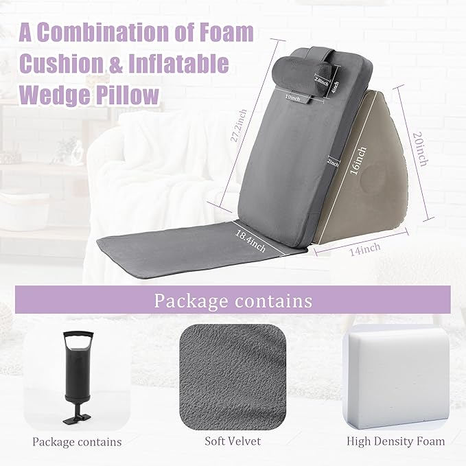 HOMBYS Inflatable Wedge Pillow with Foam Backrest Pillow & Headrest, Adjustable Angle, Soft Headboard for Adult, Elderly, Pregnant Resting & Reading, Foldable & Poratable, Pump Include