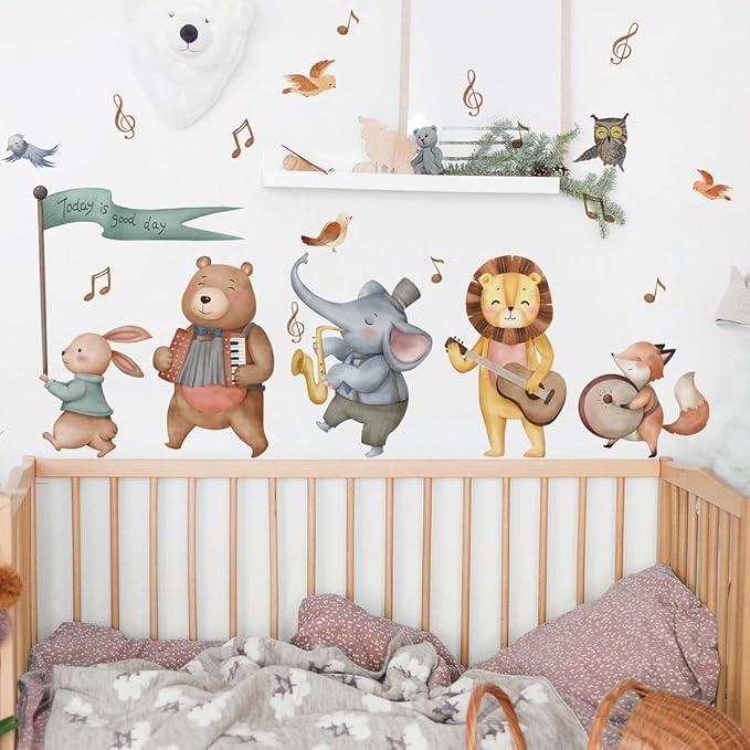 Watercolor Baby Animals Wall Decals Stickers, African Jungle Rabbit Bear Elephant Lion Fox Bird Owl Kids Room Nursery Decor, Baby Nursery Kids Bedroom Living Room Wall Decor