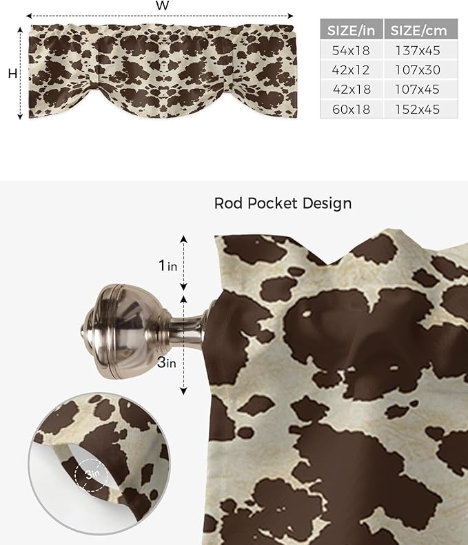 Brown Cowhide Cow Print Blackout Tie Up Valance Curtains for Kitchen Windows Graffie Window Toppers Balloon Shades for Living Room/Bathroom/Bedroom,1 Panel,54" X 18"