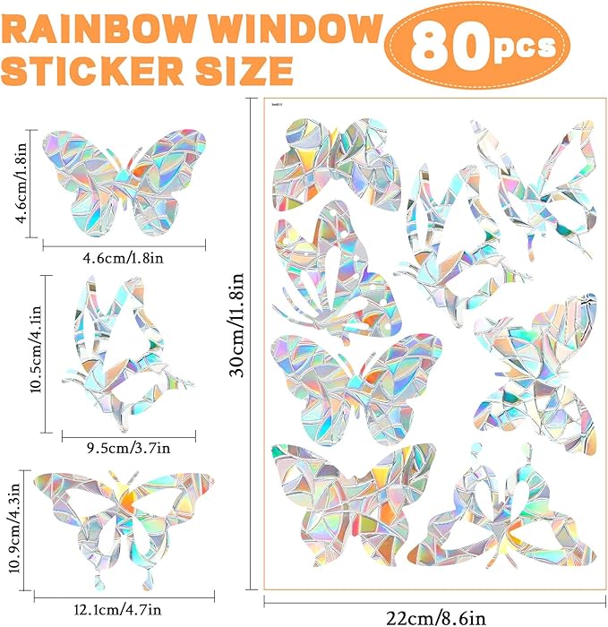 80pcs Window Decals for Glass Windows, Anti Collision Window Clings for Birds, Butterfly Shape Bird Strike Prevention for Windows (Butterfly)