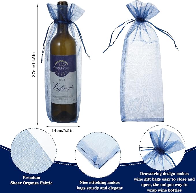 60 Pcs Sheer Organza Wine Bags 14.6 x 5.5 Wine Gift Pouches Sheer Mesh Wine Gift Pouches Reusable Bottle Wrap Bottle Covers Drawstring Gift Wrap Bags Dresses for Wedding Christmas Baby Shower