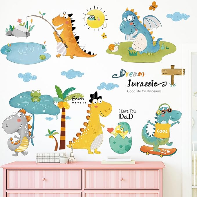 Cartoon Dinosaur Wall Decals Tyrannosaurus Rex Dinosaur Eggs Wall Stickers for Boy's Room Kids Baby Nursery Bedroom Playroom Living Room Wall Decor