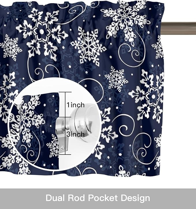Christmas Valance Curtains for Kitchen Windows White Navy Snowflakes Pattern Rod Pocket Window Treatment Toppers for Kitchen/Living Room/Bedroom/Bathroom, 54" X 18", Winter