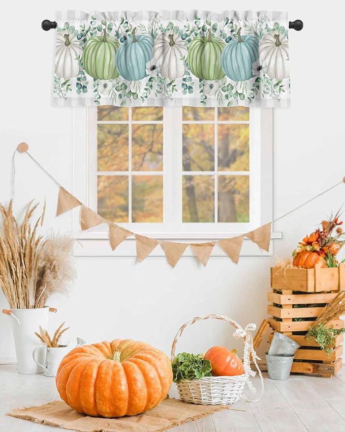 Fall Thanksgiving Kitchen Curtains Valances for Windows Autumn Pumpkins Eucalyptus Leaves Rod Pocket Window Treatment for Kitchen /Living Room/Bedroom/ Bathroom, 60" X 18", White Blue Green Gray Plaid