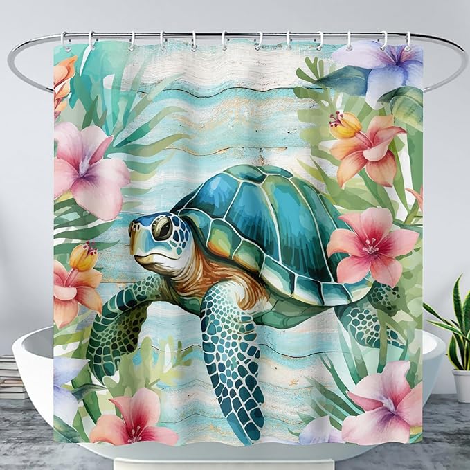 AILONEN Cute Sea Turtle Shower Curtain,Cartoon Beautiful Turtle with Flowers Shower Curtain Set for Bathroom,Ocean Animal Waterproof Fabric Shower Curtain with Hooks,72" W*84" H