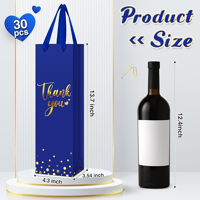 Ctosree 30 Pcs Wine Gift Bag for Wine Bottle Wedding Wine Thank You Gift Bag with Metallic Gold Foil Print Kraft Wine Paper Favor Bag with Attractive Rope Handle for Graduation Bottle(Royal Blue)