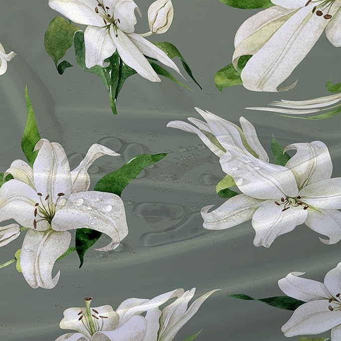 AILONEN Flower Shower Curtain, Vintage Garden Lilies Theme Waterproof Fabric Shower Curtain Set,Green Spring Flowers Bathroom Decor for Teen Girls Women,72" W*72" H