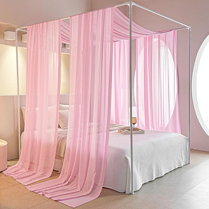 AIKASY Pink Bed Canopy Scarf for Twin - Luxury Sheer Canopy Bed Curtains with Light - Suitable for Four-Poster Bed, Metal Bed Frame, Wood Bed Frame -2pic