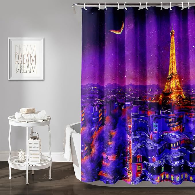 AILONEN Paris Tower Shower Curtain,Purple Glowing City Waterproof Fabric Shower Curtain for Girls Boys Kids Teens, 36" W*72" H Night Eiffel Tower Oil Painting Shower Curtain