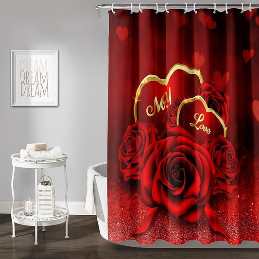 AILONEN Red Rose Shower Curtain for Bathroom, Romantic Flower Rose 3D Printed Valentine Wedding Bathroom Curtain,36" W*72" H Polyester Waterproof Bath Curtain with 12 Hooks