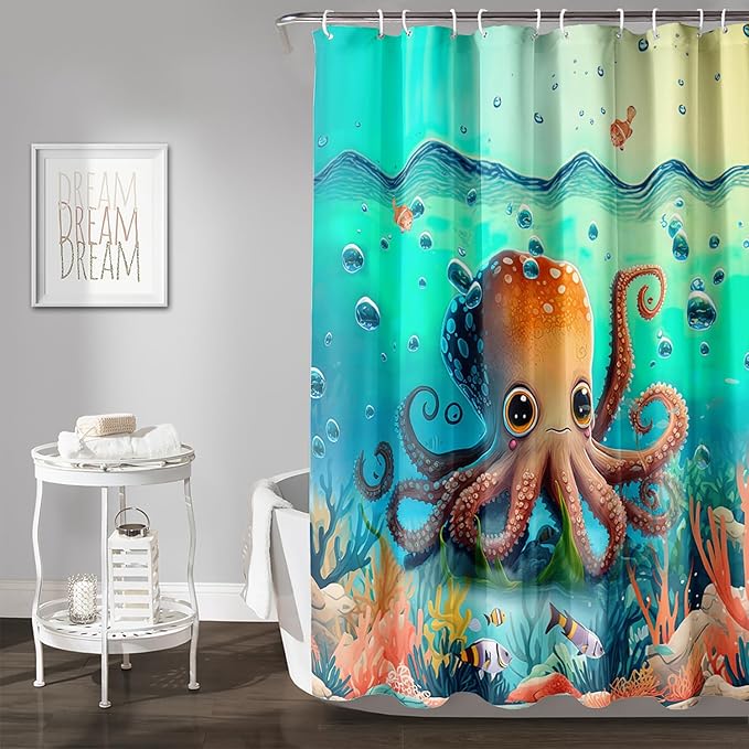 AILONEN Cute Cartoon Octopus Shower Curtain,Beautiful Sea World Theme theme Bath Curtain Cloth Fabric Bathroom 72" W*96" H Inch,12 Pack Hooks for Kids Child Sea Animal Bathroom Curtain