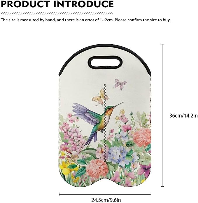 doginthehole Neoprene Wine Tote Hummingbird Wine Carrier Bag with Divider for Travel, Portable Wine Gift Bag Insulated Sleeve Champagne Carrier Bag