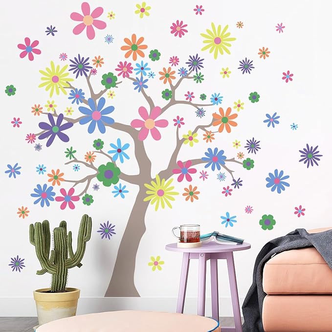 Amaonm 12 Sheets Large Daisy Wall Decals DIY Boho Sunflower Wall Stickers Peel and Stick Colorful ins Daisy Floral Wall Decor for Nursery Little Girls Teens Bedroom Living Room (9 Sheets of 90pcs)